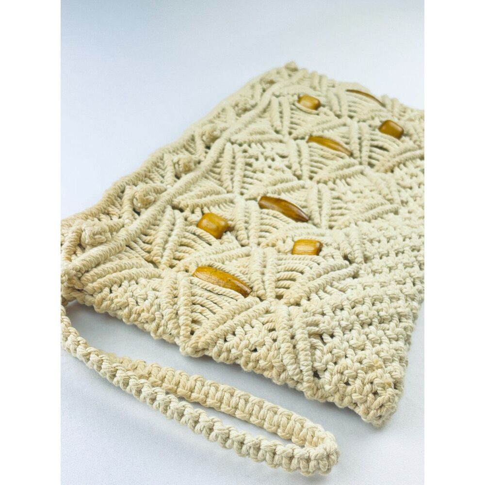 ~ Boho Macrame Wristlet Bag Clutch Purse Festival Cream Wood Beads Handbag - Picture 11 of 13